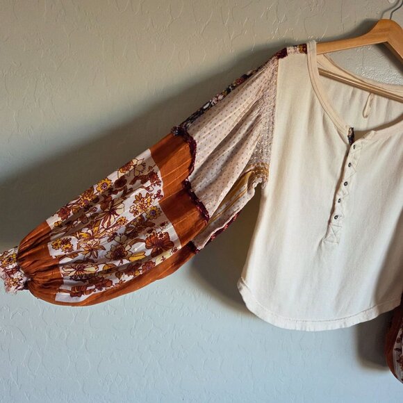 Free People Light Magic Henley Top Patchwork Balloon Sleeves Vanilla Creme Sz XS - Picture 5 of 11